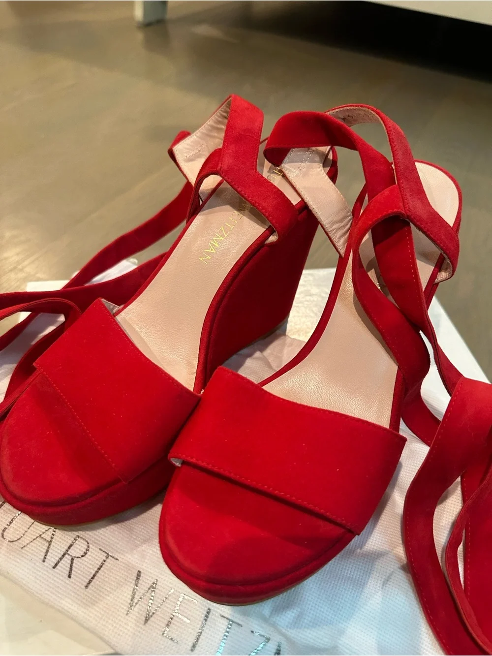 Stuart Weitzman NWOT  $450 Women Red Suede Ankle Wrap Backtie Wedge - Picture 3 of 7